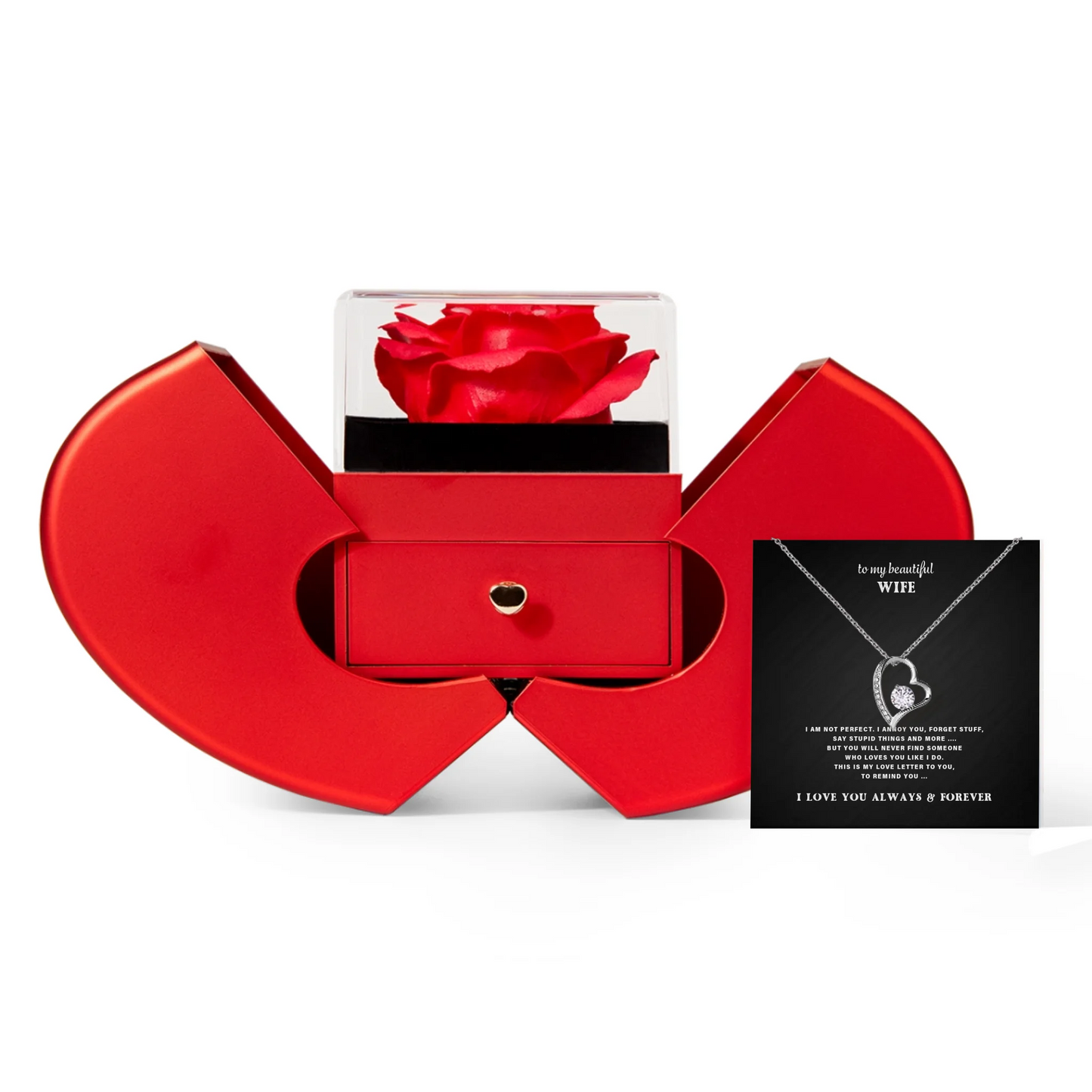 To My Wife Necklace Gift Set – Red Heart Rose Box