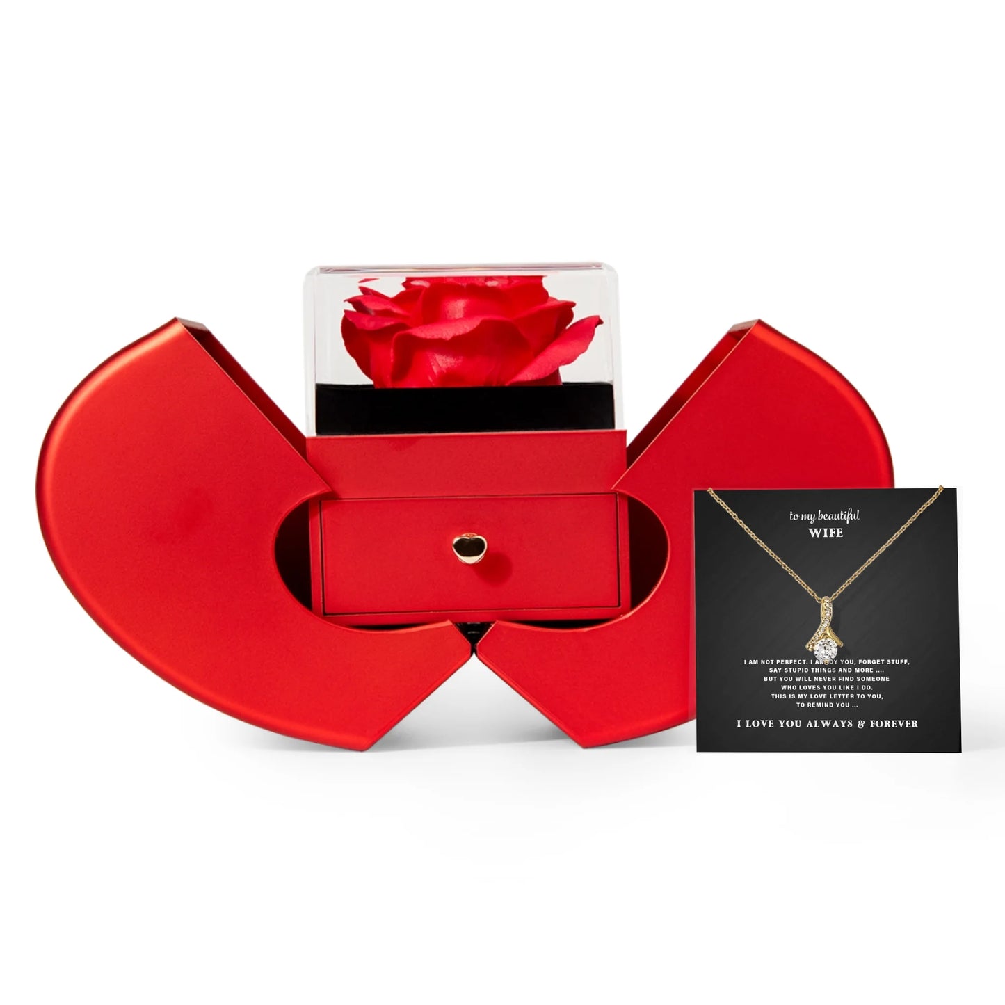 To My Wife Necklace Gift Set – Red Heart Rose Box