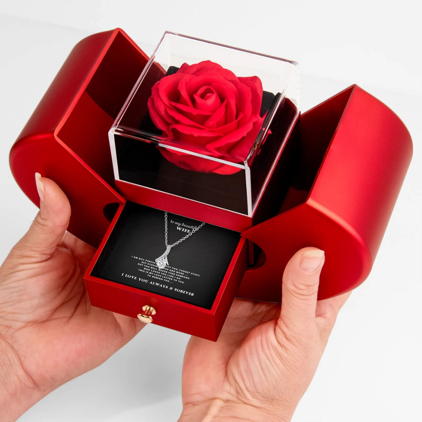 To My Wife Necklace Gift Set – Red Heart Rose Box