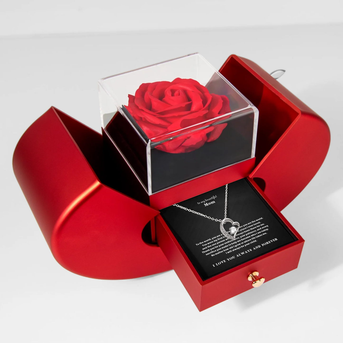 To My Mom Necklace Gift Set – Red Heart Rose Gift Box