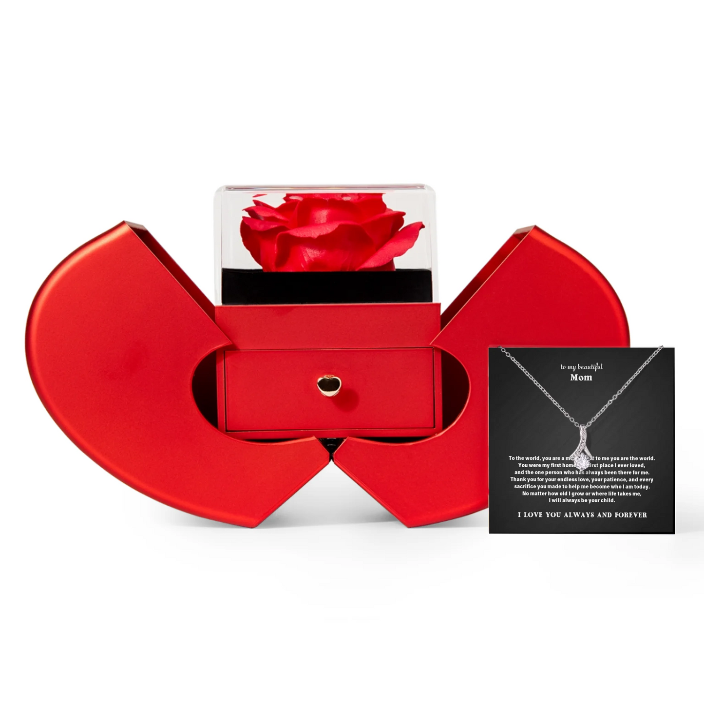 To My Mom Necklace Gift Set – Red Heart Rose Gift Box