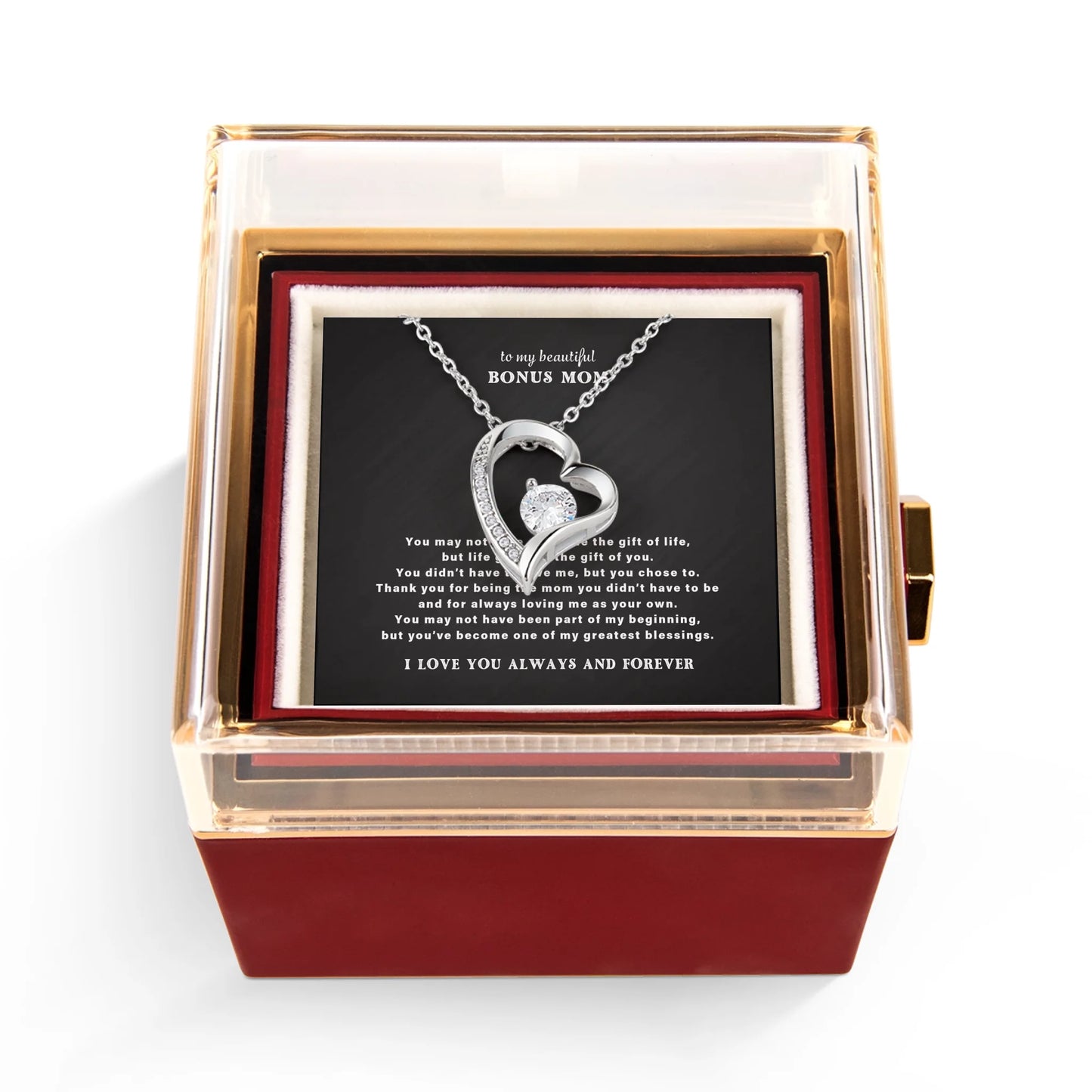 To My Bonus Mom Necklace Gift Set – Rotating Rose Gift Box