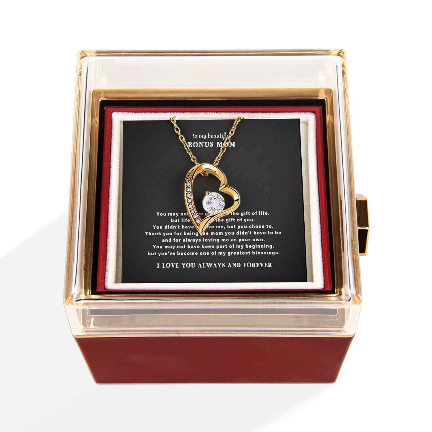 To My Bonus Mom Necklace Gift Set – Rotating Rose Gift Box