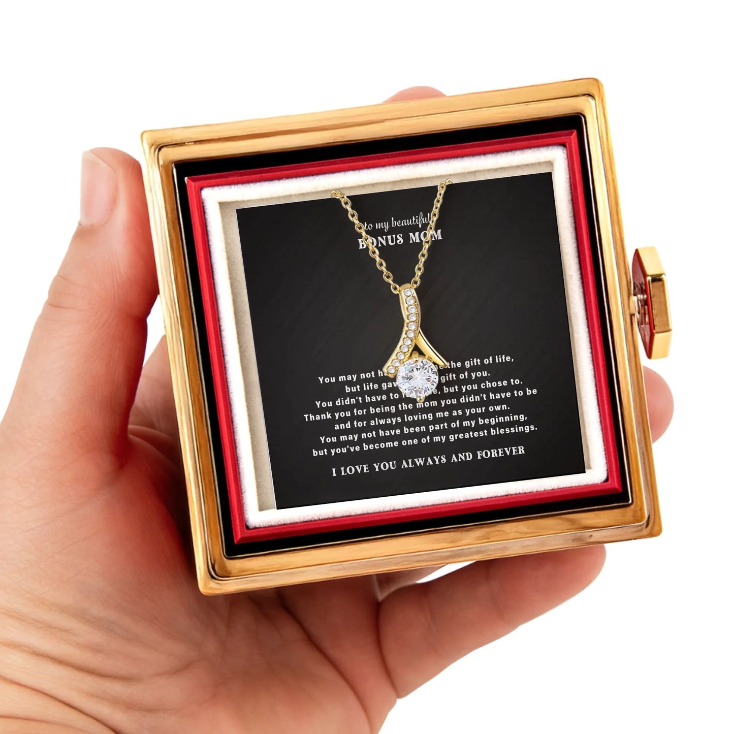 To My Bonus Mom Necklace Gift Set – Rotating Rose Gift Box