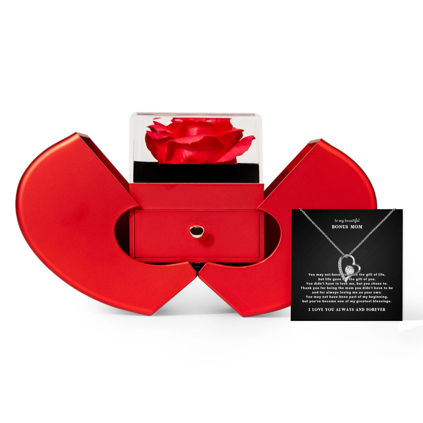 To My Bonus Mom Necklace Gift Set – Red Heart Rose Gift Box