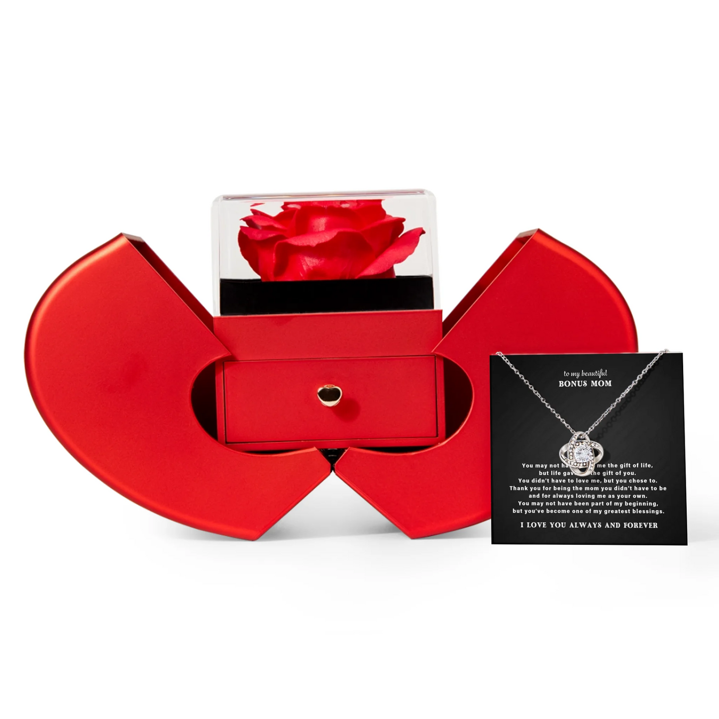 To My Bonus Mom Necklace Gift Set – Red Heart Rose Gift Box