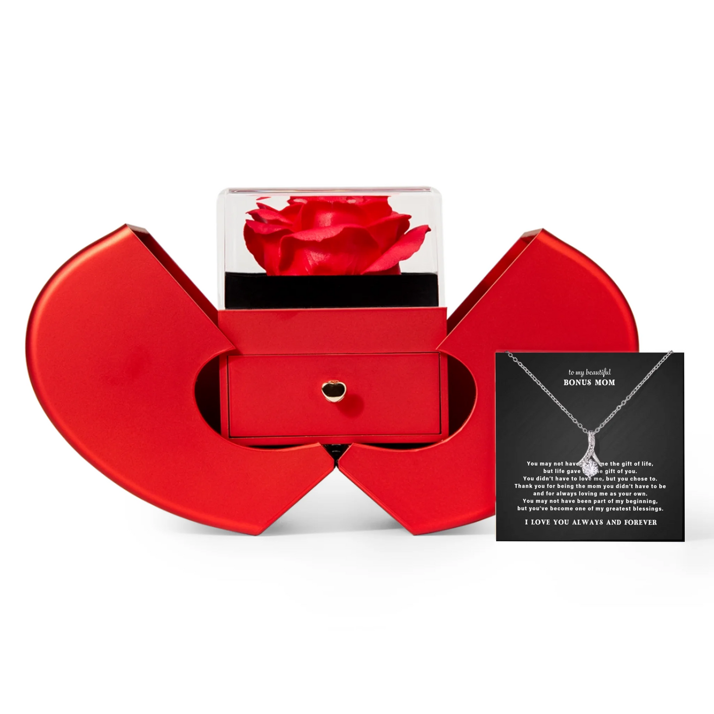 To My Bonus Mom Necklace Gift Set – Red Heart Rose Gift Box