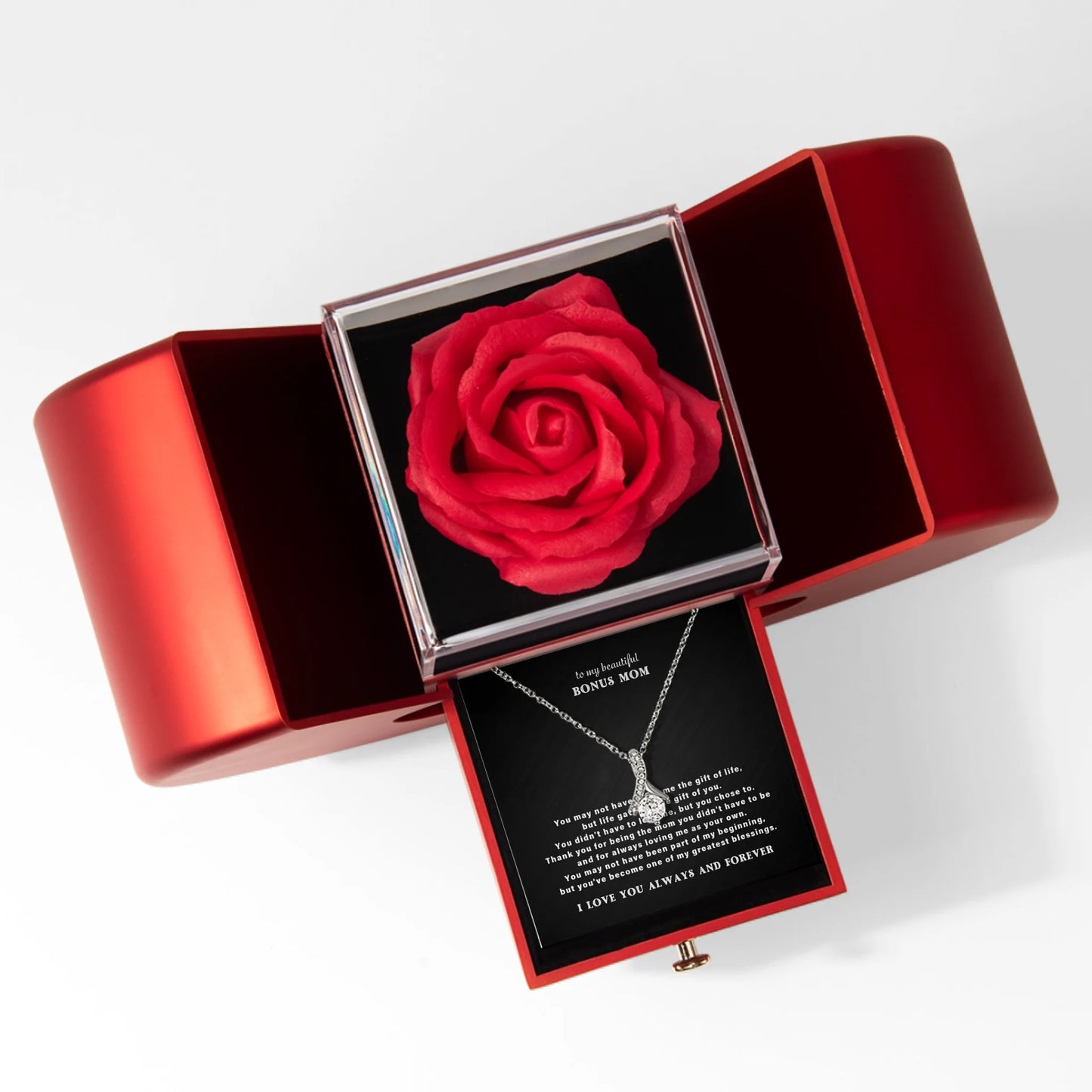 To My Bonus Mom Necklace Gift Set – Red Heart Rose Gift Box