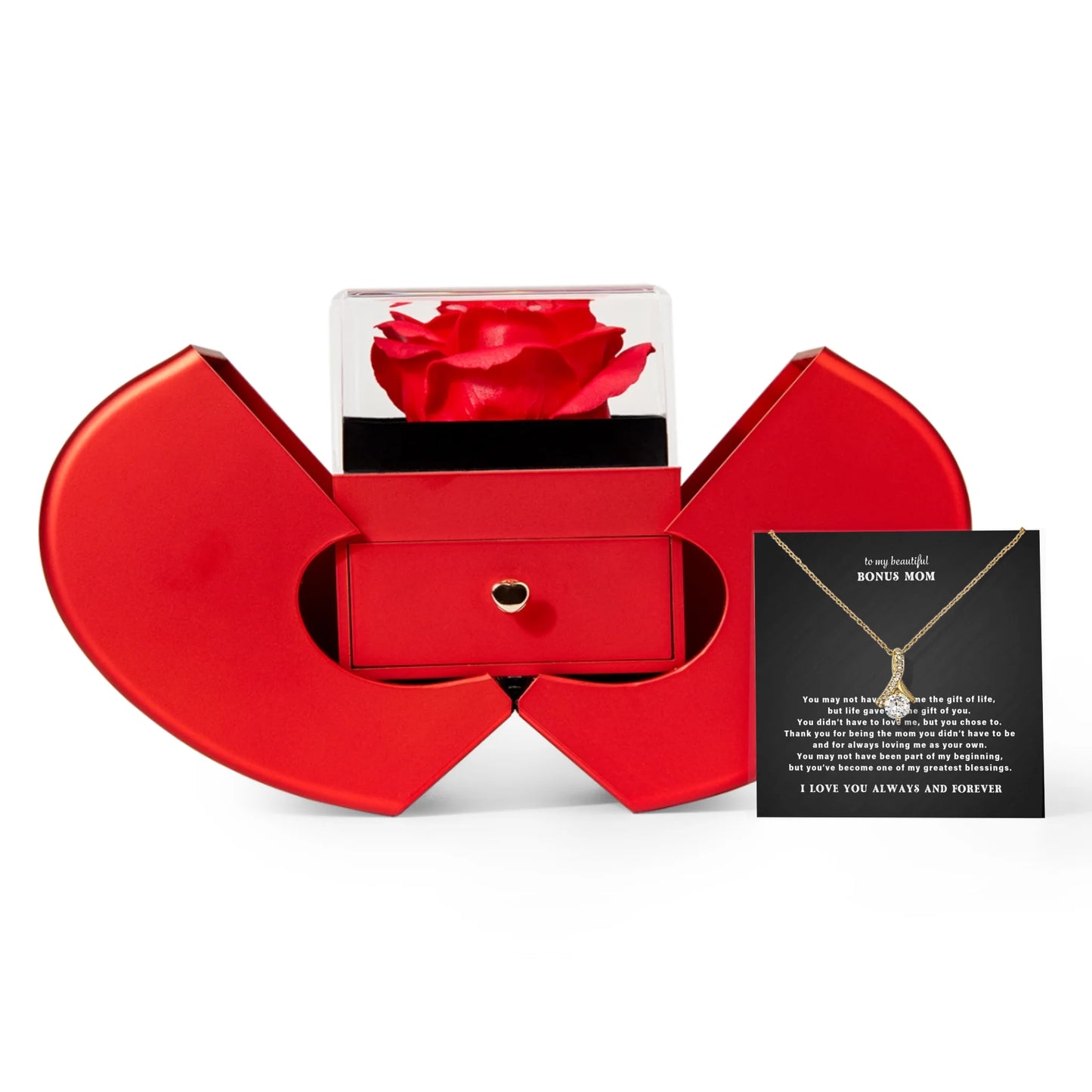 To My Bonus Mom Necklace Gift Set – Red Heart Rose Gift Box
